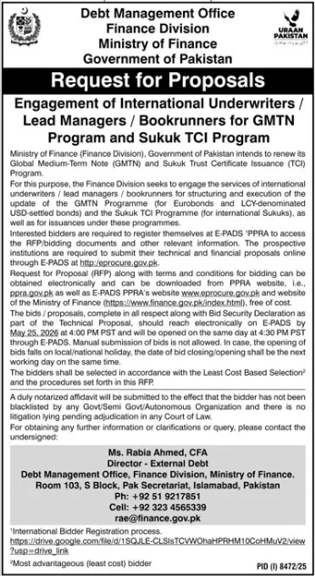 Request for Proposals - Engagement of International Underwriters / Lead Managers / Bookrunners for GMTN Program and Sukuk TCI Program - Debt Management Office, Finance Division, Ministry of Finance, Government of Pakistan